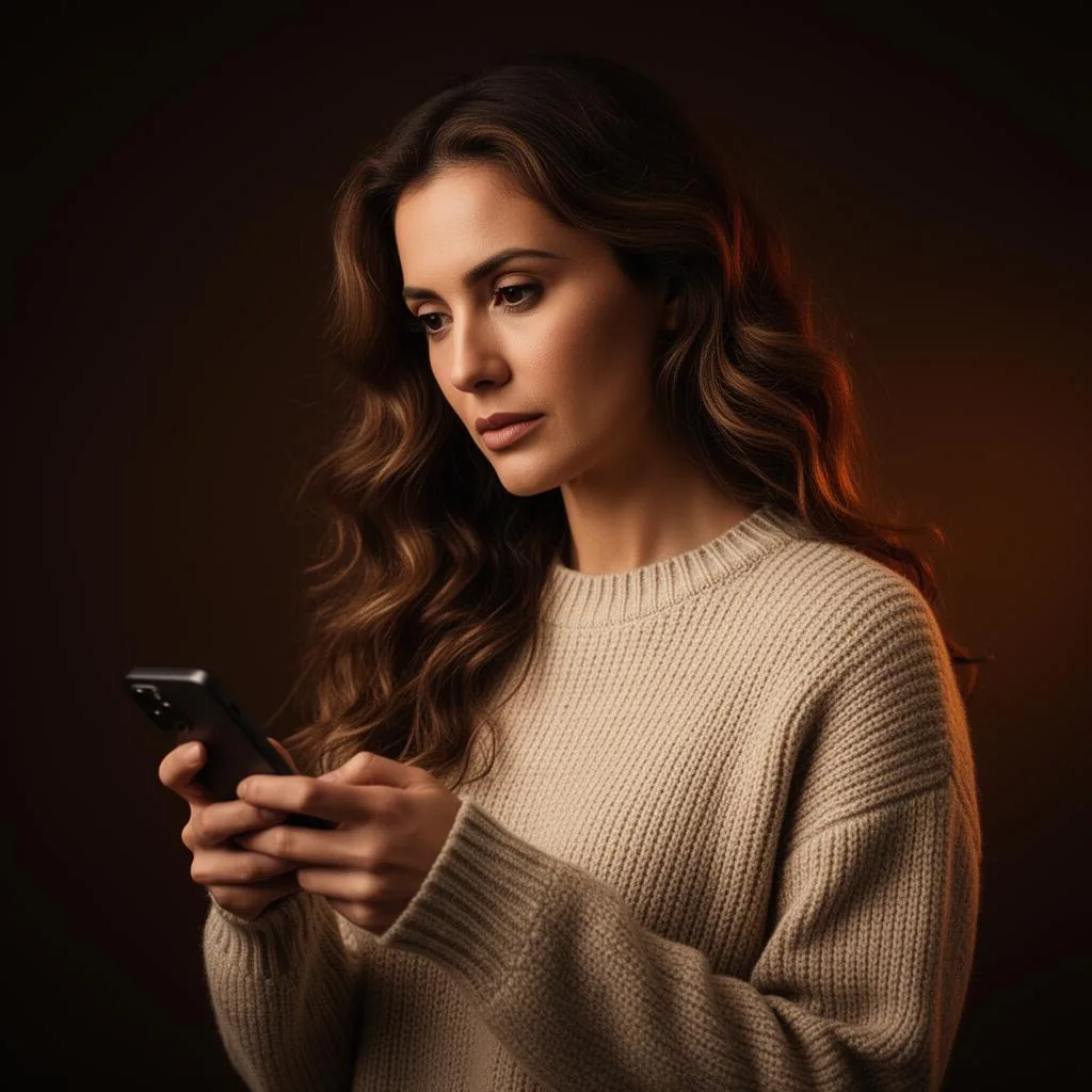 Mulher observando seu smartphone em luz cinematográfica