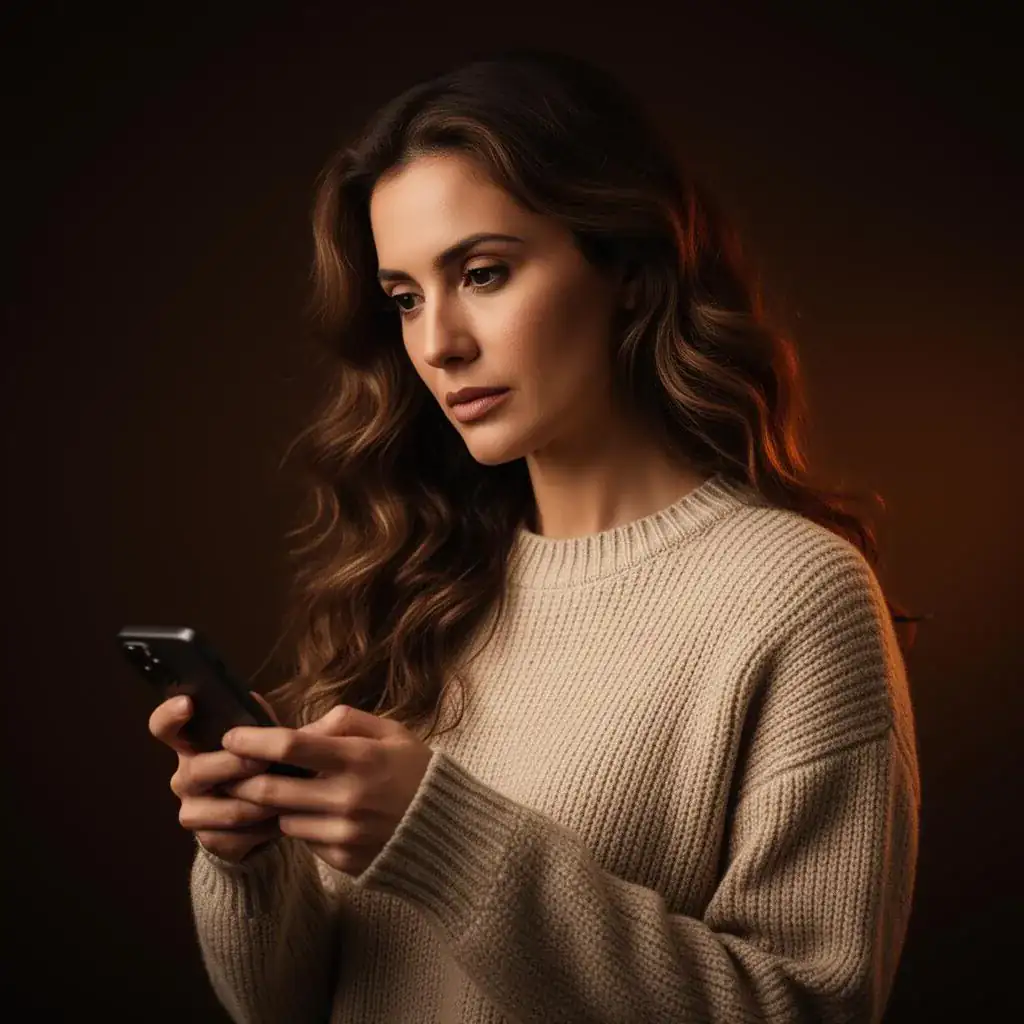 Mulher observando seu smartphone em luz cinematográfica